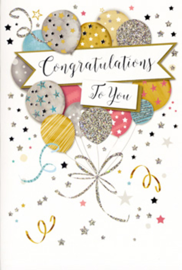 In this refined congratulations card, the artwork unfolds like a small, joyful tableau often mirrored in celebrations across De Beauvoir Town. A bouquet of illustrated balloons rises at the centre, layered thoughtfully so each rounded shape peeks out from behind the next. The colour palette moves gently through muted gold, soft silver, warm champagne, sky blue, blush pink and misty grey, echoing the subtle tones of evening light over the Georgian terraces near De Beauvoir Square. Many of the balloons are decorated with intricate star patterns or fine stripes, while others appear to shimmer with a dusting of glitter, suggesting a tactile surface that would feel just slightly raised if you ran your hand over it. Slender metallic ribbons in gold and silver curl down from the balloon cluster, drawn with a flowing line that recalls festive streamers caught in a gentle breeze along nearby streets. A graceful banner drapes across the front of the bouquet, carrying a Congratulations message in elegant, looping calligraphy, its style reminiscent of hand-lettered signage in local artisan shops. Surrounding the main motif, tiny stars, curls and flecks of confetti scatter against a clean, pale backdrop, like the last sparks of a party captured in stillness. The whole composition feels balanced and airy, radiating optimism and pride without becoming overpowering. As a florist accustomed to creating arrangements for graduations, promotions and new chapters here in De Beauvoir, this is the kind of card I'd choose to accompany a sophisticated bouquet delivered to a quiet side street off Southgate Road-a visual celebration that extends the moment, making the recipient feel recognised, cherished, and part of the community's shared joy.