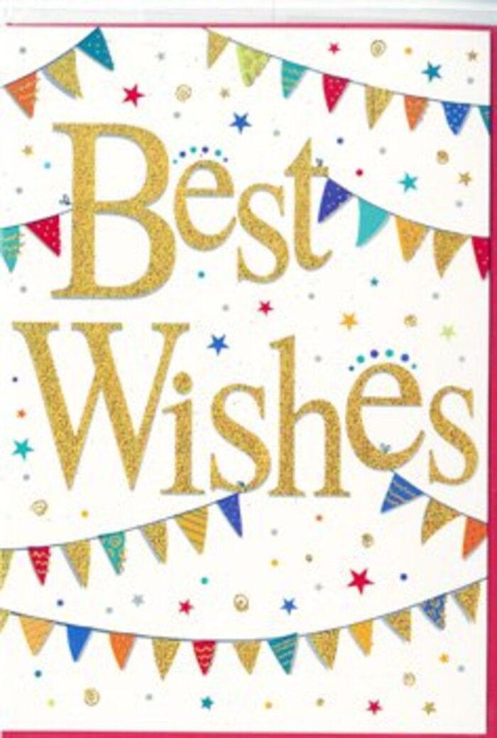 A festive Best Wishes card is presented in close detail, its design brimming with the kind of bright optimism that suits De Beauvoir Town's creative, village-like streets. At the heart of the card, the phrase Best Wishes is written in generous, looping gold script, the letters thick and confident, with a subtle glitter or foil effect that makes them gleam as though catching soft afternoon light through a window. The background is a pure, clear white, which amplifies the sparkle of the lettering and keeps the overall look clean and contemporary. Around the central words, strands of colourful bunting arc from side to side, reminiscent of fabric flags strung above a garden party in one of the area's leafy back gardens. Each tiny pennant is a different jewel-bright tone-sapphire blue, ruby red, citrine yellow, fresh lime, and magenta-some adorned with miniature stripes, dots, or mosaic-like patterns that add a hand-crafted feel, as if thoughtfully arranged by a creative local florist. Between the bunting strands, tiny star shapes and light confetti dots are scattered with intentional randomness, creating the impression that celebration is literally in the air. The colour palette is harmonious rather than chaotic, with repeating hues that lead the eye gently around the design. The overall atmosphere is one of warm encouragement and happiness, ideal for congratulating someone on a new chapter, from a first home near Southgate Road to a promotion in the City. The card would sit beautifully alongside a bright bouquet delivered locally, offering not just polite congratulations but genuine joy, as though sending a small, sparkling party through the post.