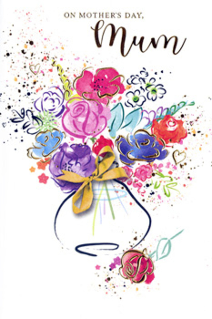 An exuberant floral painting graces this Mother's Day card, the bouquet rendered in loose, fluid watercolour that feels both spontaneous and thoughtfully composed, much like the hand-tied designs created for neighbours around De Beauvoir Town. Strokes of hot pink and bold cerise mingle with pockets of deep indigo, creating blossoms that feel alive with warmth and affection. Threaded between them, soft blue and lavender petals bring a gentle, cooling counterpoint, while tiny touches of apricot and chartreuse resemble fresh buds and new leaves emerging in the gardens off Englefield Road. Fine lines of gold highlight select petals and foliage, adding a subtle, glistening outline that recalls the way evening light brushes the tops of trees along De Beauvoir Crescent. The bouquet rises from a whimsical vase suggested by smooth, curving lines, its base accented with a graceful golden bow, like a carefully tied finish on a bouquet ready to be delivered to a doorstep nearby. Around the arrangement, scattered paint splatters and small heart shapes drift like confetti, suggesting shared laughter and cherished memories. The crisp white background allows every colour to stand out clearly, giving the whole composition an airy, uplifting feel. The image stays true to the emotional heart of Mother's Day: gratitude, comfort, and the recognition of quiet, everyday care. It reads like a floral sketch brought to life, a keepsake bouquet on paper that captures the spirit of local, lovingly crafted flowers shared between generations in De Beauvoir Town.