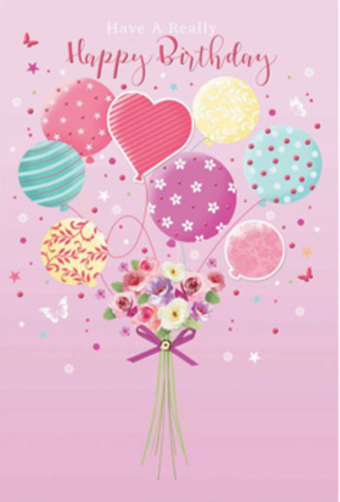Pastel birthday card artwork depicting a floating bouquet of balloons and fresh blooms, rendered with the softness and warmth of a De Beauvoir Town afternoon. The scene rests on a pale pink background, as gentle as the sky reflected in the Regent's Canal on a calm day. From the base of the design, a neat, hand-tied bouquet emerges, filled with petite roses and daisy-like flowers whose petals move from creamy ivory to warm blush and rosy fuchsia, creating a velvety ombré effect. The blooms appear lush and newly cut, clustered together in a way only an experienced florist would gather them, then secured with a sparkling purple bow that glints as though made from satin ribbon. Above the bouquet, balloons in soft shades of sea green, sunshine yellow, lavender, and petal pink rise and overlap, giving a sense of depth and lightness. Their surfaces shine subtly, with reflections that suggest daylight streaming in through a townhouse window on De Beauvoir Crescent. Each balloon showcases an individual design-twisting ribbons, scattered polka dots, tiny blossoms, and graceful swirls-coming together like a playful pattern of party décor along a local garden fence. A heart-shaped balloon sits near the centre, hinting at affection and thoughtful birthday wishes. Around the arrangement, small butterflies and star-like specks drift, as if carried on a gentle breeze that might weave through De Beauvoir Square. The overall feeling is one of quiet jubilation and tender joy, transforming the message of happy birthday into a soft, uplifting moment that combines floral beauty, airy balloons, and the relaxed, artistic character of the neighbourhood.