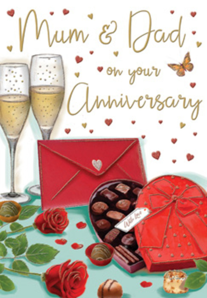 Luxurious anniversary card artwork that feels like an intimate De Beauvoir Town evening, softly captured on paper. On a warmly lit tabletop, two elegant champagne flutes stand side by side, their slender stems reflecting tiny glints of light, while a golden stream of bubbles rises from the base to the surface, as if ready for a gentle clink in a townhouse off Downham Road. Set slightly in front is a heart-shaped chocolate box, thrown open to reveal carefully arranged pralines and truffles, each piece sitting in its own little cradle, the entire box wrapped with an opulent scarlet bow whose loops and tails spill theatrically across the surface. To the left, plush red roses with velvety petals and rich green leaves rest in a relaxed pose, like a hand-tied bunch freshly placed on the table after delivery from De Beauvoir Town Flowers. Their colour is deep and saturated, reminiscent of classic romantic bouquets we create for long-married couples. Scattered gold and crimson hearts float through the design, framing the affectionate words for Mum & Dad in a playful yet dignified halo. A bright red envelope, resting at a comfortable angle, hints at a handwritten anniversary message full of gratitude and cherished memories. Soft, ambient lighting makes the glassware gleam and casts the chocolates in gentle shadow, giving the whole scene a tender, dreamlike atmosphere. The composition feels like a private family moment paused in time, combining the scent of roses, the promise of shared sweets, and the sparkle of Champagne into a tribute to years of love lived together in this corner of London.