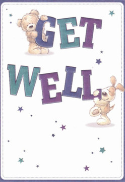 This get well card artwork radiates the sense of warmth, comfort, and resilience often found in De Beauvoir Town-a gentle nod to the supportive community spirit here. A plush teddy bear with a comforting smile perches atop the bold lettering of 'GET', its rich caramel tones and textured fur softly echoing the tactile experience of a cosy blanket on a chilly London evening. Below, a spirited puppy with long, floppy ears tenderly balances on 'WELL', its expressive face brimming with hope and affection. Vivid purples and shades of teal animate the large, chunky letters, standing out crisply against a pristine white background-the same freshness one feels wandering through the flower stalls near Southgate Road. Sprinkles of starlight in various blues and violets glimmer across the card, their playful placement suggesting the magical possibility within every get well wish. Each detail feels thoughtfully arranged, much like a bespoke bouquet from De Beauvoir Town Flowers, designed to bring lightness and reassurance to moments of uncertainty. The illustrated characters exude a gentle optimism, their playful friendship offering comfort akin to a neighbourly gesture in our vibrant London corner. This card, alive with texture, colour, and local heart, makes for a heartening message to anyone in need of encouragement.