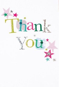 In this delightfully crafted thank you card from a De Beauvoir Town florist, the words 'Thank You' take centre stage, stitched in an array of vivid hues from cool aqua greens to brilliant sherbet-pinks, each letter outlined with whimsical details like silvery highlights and playful patterns reminiscent of the artistic flair often found in local East London studios. Sprays of tiny stars bloom in the corners-magenta, teal, and gold sparkling like the evening lights along Regent's Canal-giving the impression of festival confetti gently falling after a gathering in Rosemary Gardens. The tactile print, with its glinting silver and fine embroidery, invites closer inspection, promising a sensory delight for the recipient. On an immaculate white background, every colour and sparkle sing, echoing the community's cheerful, inclusive spirit. You can almost sense the thoughtful touch of a De Beauvoir Town florist behind this card, envisioning it nestled alongside a bright bouquet for local delivery-perhaps to a neighbour on Northchurch Road-carrying gratitude beyond words. Its design feels both personal and festive, capturing how everyday moments of thanks in our neighbourhood are showered with creativity and genuine care.