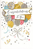 This congratulations card captures the feeling of a joyful celebration paused in time, much like the warm gatherings that spill out of homes and cafés around De Beauvoir Town. At its heart, a generous bouquet of balloons floats upward, each one uniquely styled and gently overlapping the next. Soft metallic gold, brushed silver, champagne, pale blue, rosy pink, and dove grey tones blend together, creating a soothing yet festive palette. Some balloons are scattered with miniature stars, others are banded with slender stripes or shaded with a fine glitter effect that hints at shimmer and texture along their curved surfaces. From the base of the cluster, fine gold and silver ribbons cascade downward in loose curls, reminiscent of party streamers drifting lazily after a celebration by the canal. A beautifully curved banner stretches across the centre, bearing the phrase Congratulations To You in elegant handwritten-style script, its flowing letters suggesting sincerity and personal care, the way a note might be penned in a local De Beauvoir Town Flowers card. All around, tiny metallic stars, swirling flourishes, and confetti-like dots sprinkle the pale background, adding a sense of gentle movement and sparkle without crowding the eye. The atmosphere is bright yet graceful, perfect for marking a proud milestone such as a new job, a graduation, or a long-awaited achievement. Imagined beside a vase of fresh, locally arranged flowers delivered to an address off Kingsland Road, this card becomes more than just paper; it feels like a keepsake echo of applause, capturing pride, happiness, and a heartfelt pat on the back in a single, beautifully balanced design.