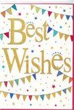 The image shows an uplifting Best Wishes card whose design captures the feeling of a lively neighbourhood celebration in De Beauvoir Town. At the centre, in large flowing letters, the words Best Wishes appear in rich gold, with a glossy, lightly textured finish that suggests metallic foil or fine glitter, making the script shine against the white card. The background is a crisp, unblemished white, giving the design a fresh, modern canvas and allowing every colour to stand out clearly. Curving gracefully above and below the text are strings of bunting, like decorations stretched across a courtyard off De Beauvoir Road. Each small triangular flag is a different bright shade-vivid blue, cherry red, emerald green, sunny yellow, and playful coral-some with tiny patterns such as dots, stripes, or chevron lines, hinting at hand-drawn artistry. These arcs of bunting form soft frames around the golden words, guiding the eye and evoking the atmosphere of birthdays, graduations, or promotion parties. Around the bunting, a sprinkle of tiny stars and circular confetti dots in coordinating colours appears almost weightless, giving the illusion that they're gently drifting down through the air. The layout is open and balanced, with plenty of white space that keeps the card from feeling busy. Emotionally, the design feels cheerful, hopeful, and universally welcoming, suitable for sending congratulations, encouragement, or support for any happy milestone-from moving into a new home near the canal to celebrating an exciting new job. It's the kind of card that would accompany a fresh, colourful bouquet, extending a heartfelt message with style and sparkle.