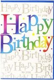 In this image, a bold and beautifully designed birthday card stands propped up, its front capturing the same kind of upbeat energy you might feel walking past De Beauvoir Town Flowers on a busy market morning. The central focus is the phrase Happy Birthday, displayed in large, blocky letters that each carry a different, vividly saturated colour. The words sweep through the spectrum-from rich reds into sunny oranges and yellows, then into fresh greens, vibrant blues, and deep purples-creating a lively rainbow gradient that feels as though it has been brushed on with care. The letters appear slightly rounded and soft-edged, giving them a friendly, approachable character that suggests laughter and good company. Sitting behind this headline text is a carefully layered background of repeating golden script. The smaller words, Happy Birthday to you, are penned over and over in a looping, cursive style, forming a shimmering backdrop rather than a competing message. The gold ink sparkles gently when the light catches it, similar to the way candlelight glints off glass vases in a local café along Kingsland Road. The main background tone of the card is a warm, light cream that enhances the sense of brightness without harsh contrast. There are no floral illustrations or additional patterns; instead, the design relies on colour, typography, and subtle metallic accents to convey festivity. The overall impression is one of joyful sophistication, making this card an ideal companion to a hand-delivered birthday bouquet in De Beauvoir Town-something that feels both celebratory and thoughtfully chosen for someone truly cherished.