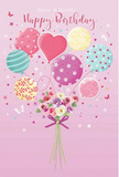 Softly whimsical birthday card illustration showing a pastel balloon bouquet lifting a small posy of flowers, evoking the friendly, village feel of De Beauvoir Town. The background is a smooth blush pink, like the evening sky above the canal paths, and from the lower centre rises a compact, hand-tied bouquet of miniature roses and daisy-like blossoms. Their petals range from creamy white through blush pink to deeper rose and mauve, each bloom shaded with fine detail so you can almost feel their velvety texture and imagine a faint, sweet fragrance. The flowers are bound at the stems with a violet satin bow, its loops full and glossy, ribbons curling delicately beneath. Above this sits a lively cluster of balloons in pastel tones-sea green, lemon yellow, lavender, sugar pink, and baby blue-overlapping and floating upward. Some are adorned with playful polka dots, others with candy stripes or swirling lines, and one stands out as a heart-shaped balloon radiating soft affection, like a loving birthday wish sent from a close friend just off De Beauvoir Road. Light appears to fall from one side, casting gentle highlights on the balloons and a soft glow across the bouquet, giving the composition a sense of airy motion. Tiny butterflies and star-shaped flecks scatter around, adding a hint of fairytale enchantment, as if the scene drifts above the quiet squares and tree-lined streets nearby. The image captures a mood of bright yet gentle festivity, turning a simple birthday greeting into a dreamy, uplifting moment suspended between flowers, balloons, and tender celebration.