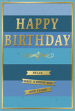 This elegant birthday card combines serene blue tones with refined gold detailing, creating a design that feels perfectly at home in the calm corners of De Beauvoir Town. The card face is built from broad horizontal stripes of blue, stacked one above the other like bands of evening sky: deep navy at the top, then gradually shifting through cooler teal and ocean hues towards a lighter, airy blue near the base. These layers appear smooth and velvety, giving a sense of quiet depth, as if you could step into the colour. Across the centre, the greeting HAPPY BIRTHDAY is embossed in shining gold, the letters tall, evenly spaced, and slightly raised from the surface so they would feel gently textured to the touch. The metallic finish catches the light in a soft, burnished glow, akin to sunlight glancing off the brickwork of De Beauvoir's terrace houses. Just below, a delicate golden flourish curves gracefully, lending a vintage, almost calligraphic touch that suggests care and tradition. Under this flourish sit three slim golden banners in a neat column, each ribbon carrying a line of warm, inviting text: Relax, have a great day and enjoy! Together, these words soften the boldness of the main greeting, turning it into an invitation to slow down and savour the day. A fine gold border runs all around the edge of the card, framing the design with a polished finish. Imagined beside a vase of fresh birthday flowers from a local florist, this card feels like a complete, heartfelt gesture - gentle, stylish, and quietly joyful.