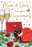 Illustrated anniversary card scene that radiates homely romance, as if set in a quiet De Beauvoir Town kitchen after dusk. At the heart of the design stand two crystal-clear champagne flutes, filled with pale golden fizz, each bubble rising like a tiny celebration on its own, suggesting a toast shared by devoted parents at the end of a long, happy day. In front of the glasses, an open, heart-shaped chocolate box showcases an inviting selection of glossy truffles, the lid adorned with a bold red satin bow whose loops catch the light like silk. To one side, two sumptuous red roses lie gracefully on the tabletop, their petals layered and velvety, backed by fresh green leaves that look as if they've just been selected from a florist's bucket along nearby Kingsland Road. Delicate trails of gold and crimson hearts drift over the background, curving around the hand-written Mum & Dad greeting, infusing the card with both playfulness and reverence. A scarlet envelope rests nearby, slightly tilted, suggesting a treasured anniversary message tucked inside and waiting to be opened, much like the quiet notes couples exchange in homes around De Beauvoir Square. Soft, warm lighting gives everything a gentle glow-the glass shines, the chocolates gleam, and the roses appear almost touchable. Altogether, the scene feels intimate, indulgent, and deeply affectionate, capturing that special moment when parents pause to honour the life they've built together, with roses, Champagne, and sweet treats as their witnesses.